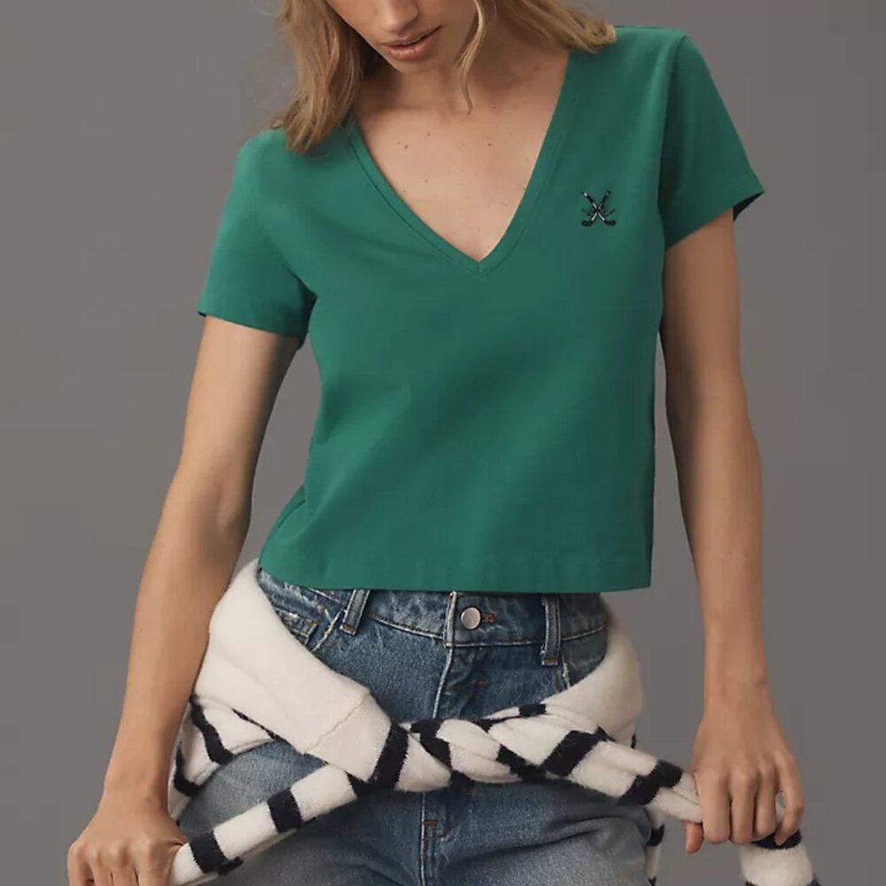 Anthropologie Maeve V Neck Short Sleeve Tee (Kelly Green) NEW